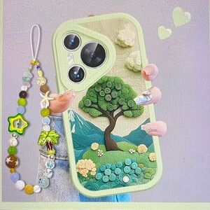 Green Tree Design Phone Case with Beaded Strap